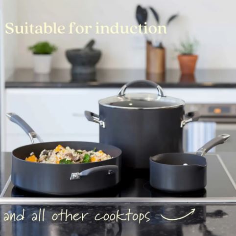 Anolon Endurance+ 3pc Set - !8cm Saucepan, 28cm Covered Sautese, 24cm Skillet