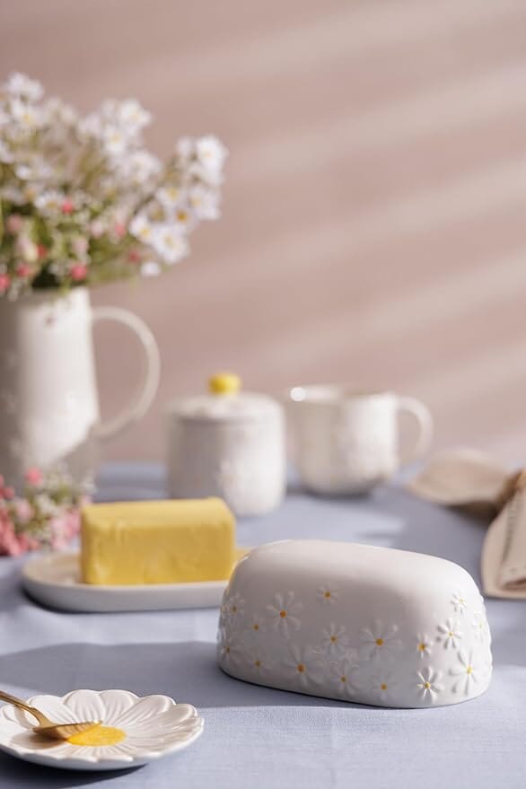 Price & Kensington Daisy Butter Dish Ceramic Hand Painted Flower Embossed White Bread & Butter Storage The Cooks Kitchen 