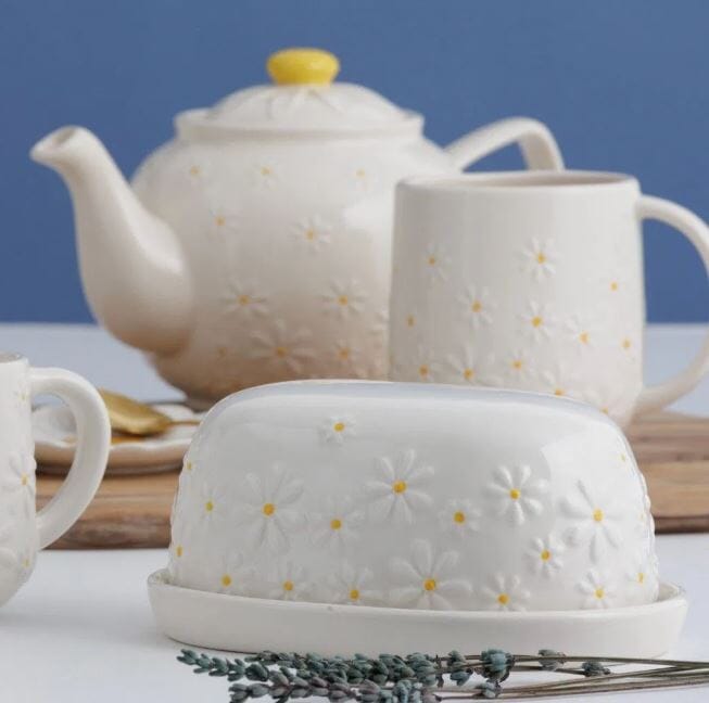 Price & Kensington Daisy Butter Dish Ceramic Hand Painted Flower Embossed White Bread & Butter Storage The Cooks Kitchen 