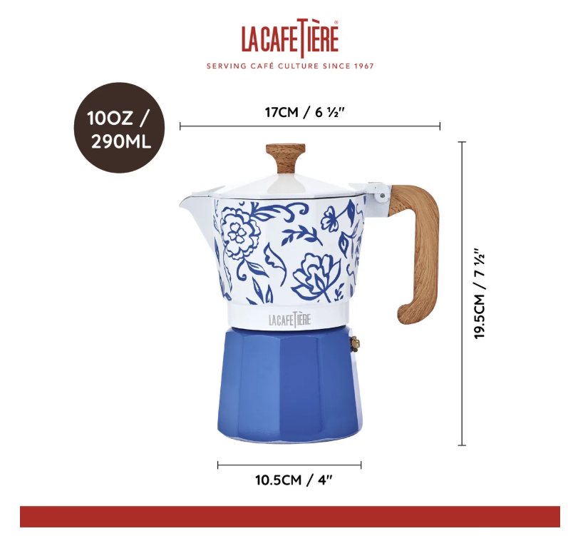 La Cafetière Venice Aluminium Espresso Maker 6 Cup / 290ml (blu Fiorato)
