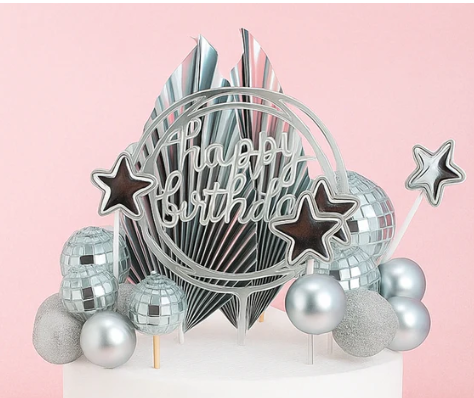 Iconic Cake Art Silver Disco Cake Topper Set
