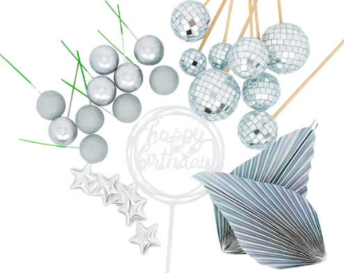 Iconic Cake Art Silver Disco Cake Topper Set