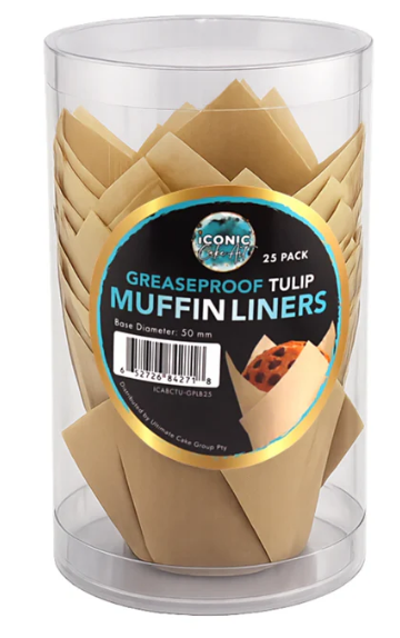 Iconic Cake Art 25pk Light Brown Greaseproof Tulip Baking Cups