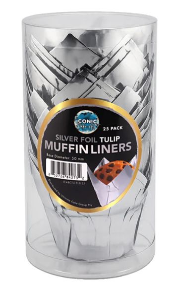 Iconic Cake Art 25pk Silver Foil Tulip Baking Cups Boards & Boxes & Packaging The Cooks Kitchen 