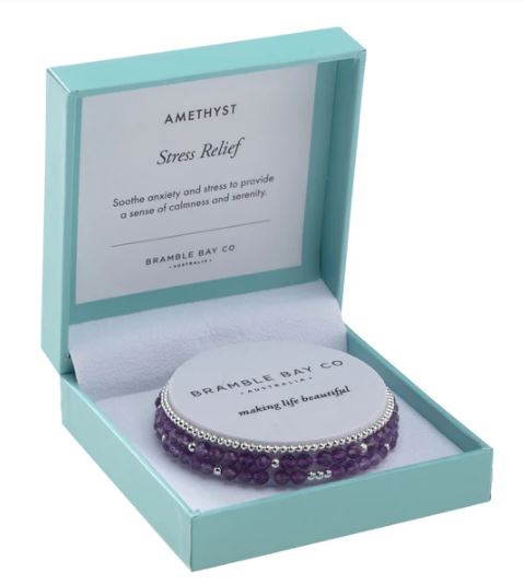 Trio Bracelet Set - Amethyst (4mm) & Silver Plated Bead (3mm) Stress Relief