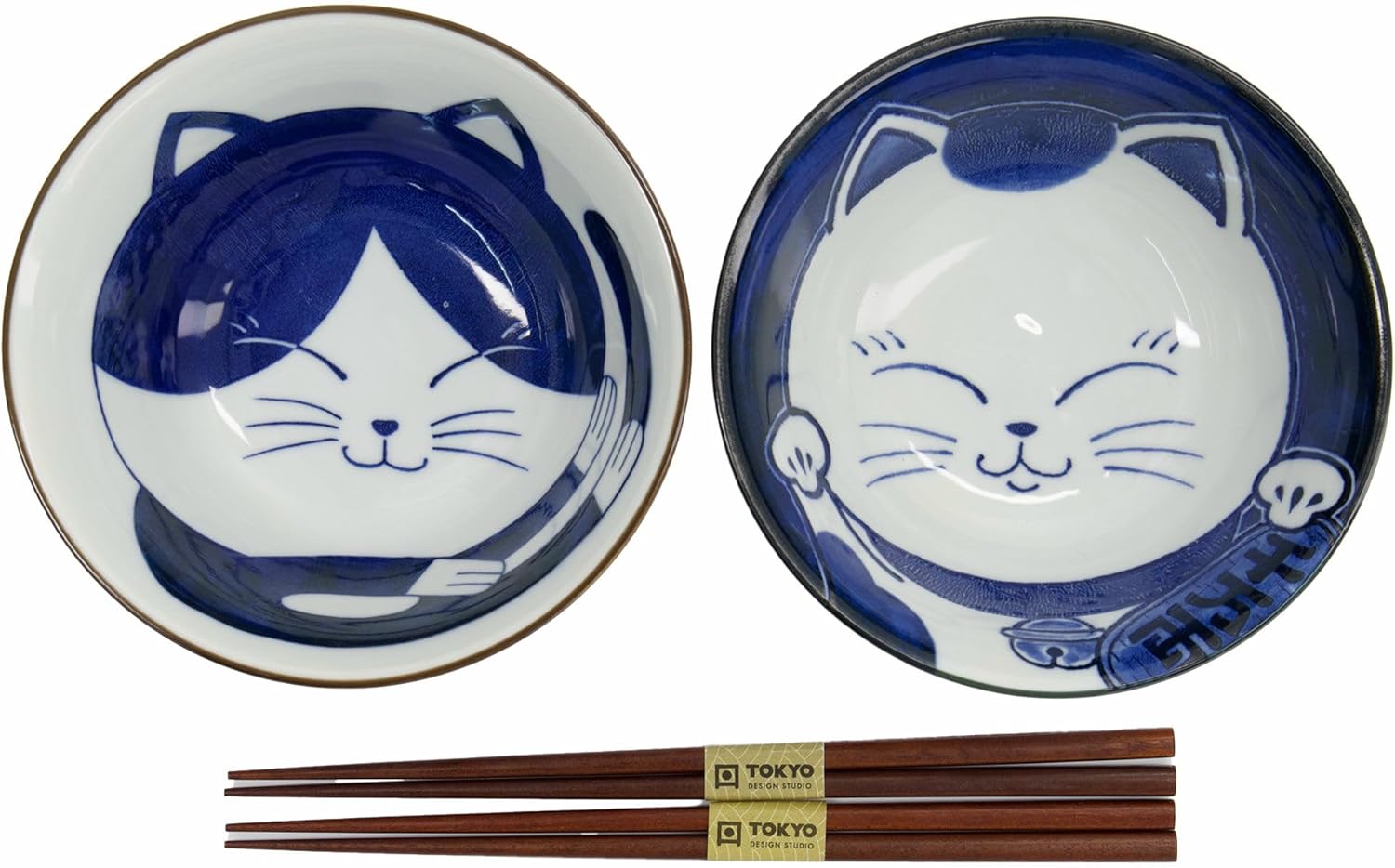 Tokyo Design Studio Kawaii Neko Bowl Set Of 2 With Chopsticks  - Blue Cat
