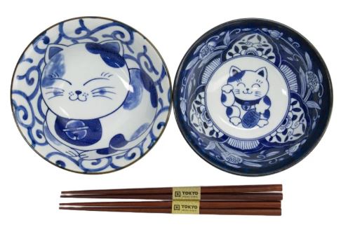 Tokyo Design Studio Neko Bowl 2pc Set With Chopsticks - Swirl Cat