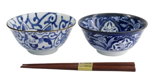 Tokyo Design Studio Neko Bowl 2pc Set With Chopsticks - Swirl Cat