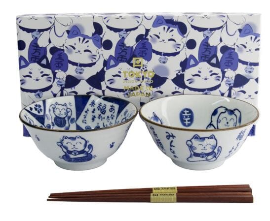 Tokyo Design Studio Kawaii Neko Bowl Set Of 3 With Chopsticks - White Cat Bowls The Cooks Kitchen 
