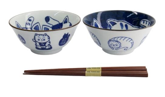 Tokyo Design Studio Kawaii Neko Bowl 2pc With Chopsticks - Twin Cat Bowls The Cooks Kitchen 