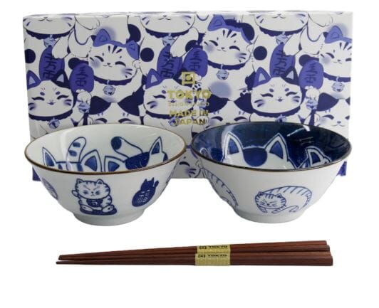 Tokyo Design Studio Kawaii Neko Bowl 2pc With Chopsticks - Twin Cat Bowls The Cooks Kitchen 
