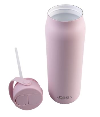 Oasis Ceramic Lined Stainless Steel Double Walled Insulated 'sorrento' Sipper Bottle 900ml - Pink Lemonade