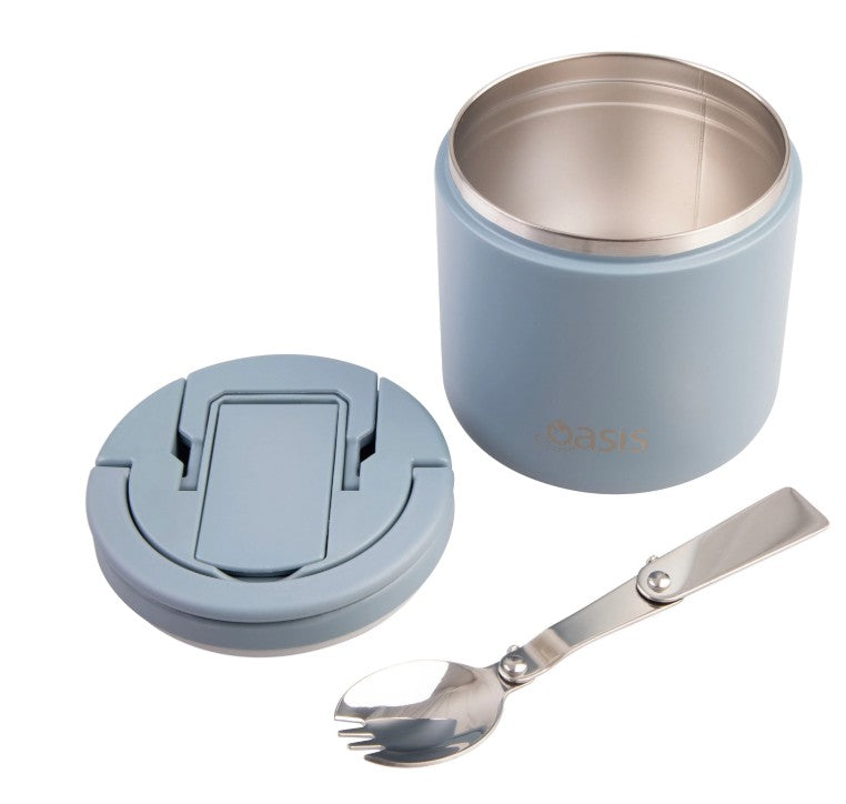 Oasis Double Wall Insulated Food Flask With Quick Release Lid & Spork 500ml - Hazy Blue