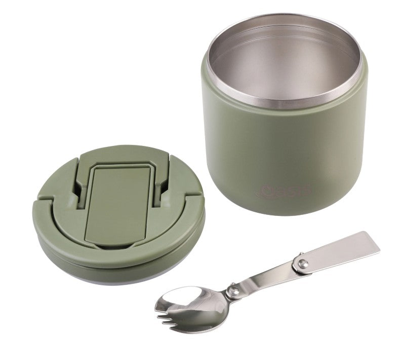 Oasis Double Wall Insulated Food Flask With Quick Release Lid & Spork 500ml - Olive Green