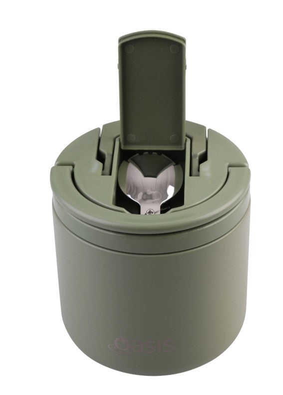 Oasis Double Wall Insulated Food Flask With Quick Release Lid & Spork 500ml - Olive Green