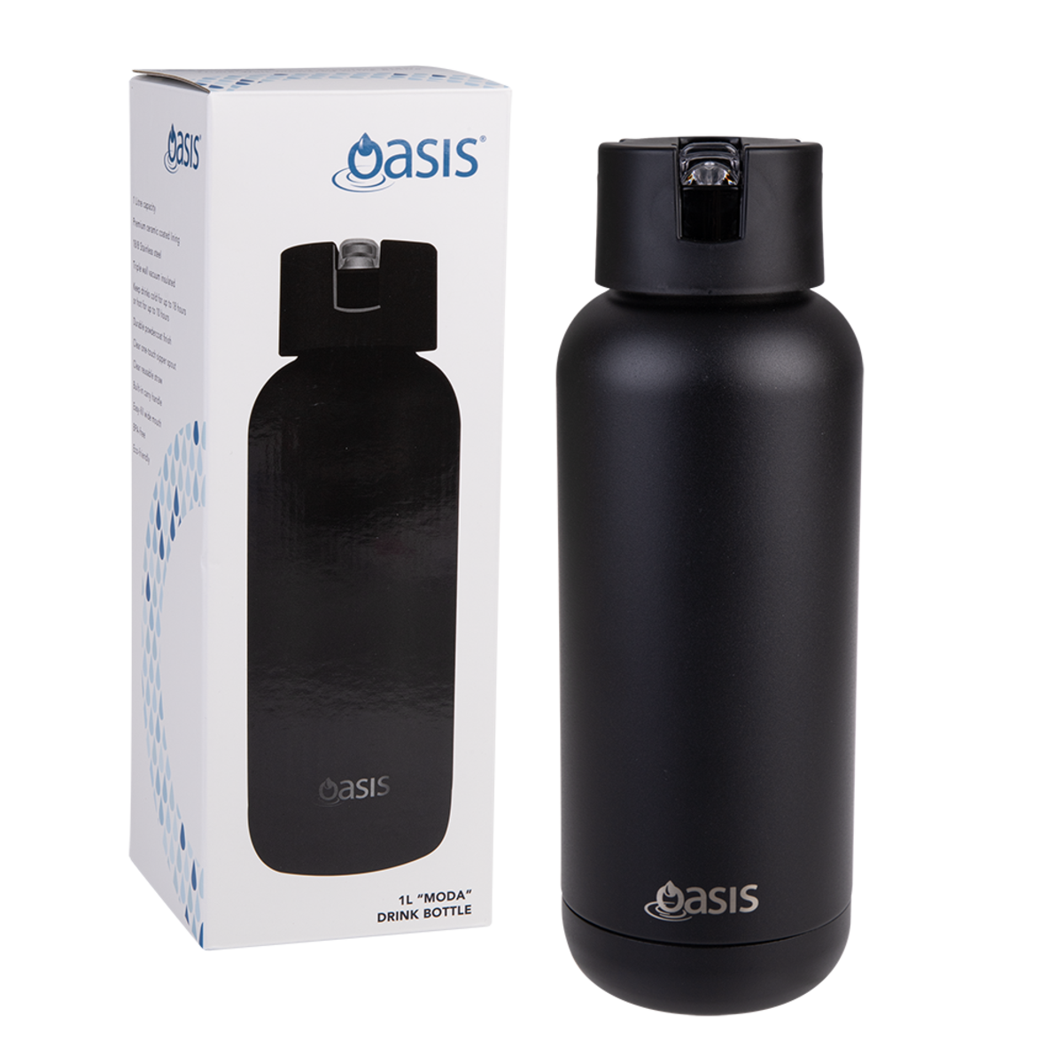 Oasis "moda" Ceramic Lined S/s Triple Wall Insulated Drink Bottle 1l - Black