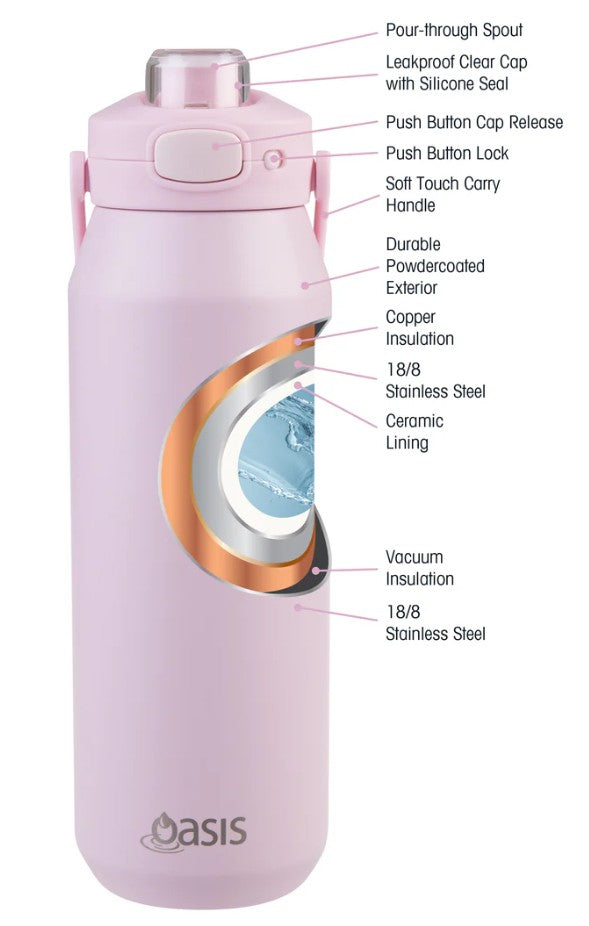 Oasis Ceramic Stainless Steel Capri Drink Bottle W/ Lid 1l Pink Lemonade