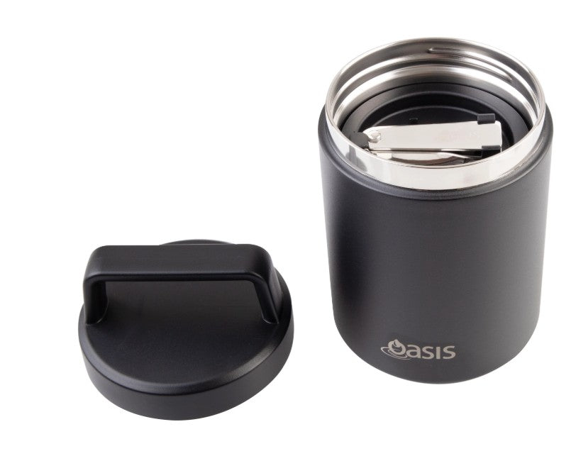 Oasis Stainless Steel Double Wall Food Flask With Handle & Spoon 480ml - Black