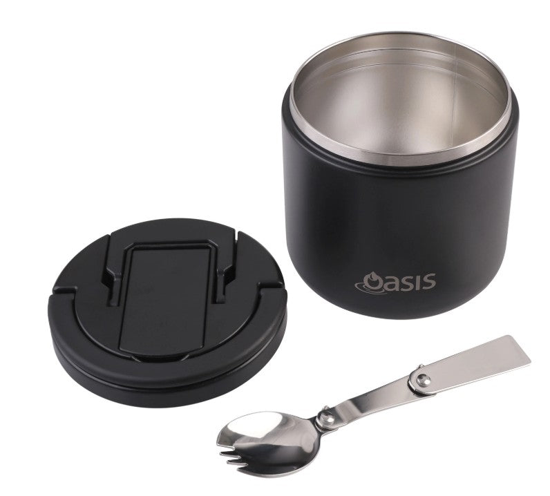 Oasis Double Wall Food Flask With Quick Release Lid & Spork 550ml - Black