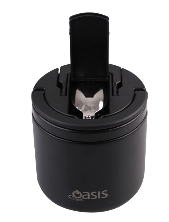 Oasis Double Wall Food Flask With Quick Release Lid & Spork 550ml - Black