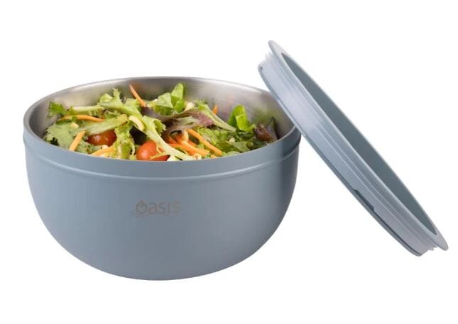 Oasis Stainless Steel Double Wall Salad Bowl With Lid 2.8l - Hazy Blue Platters & Bowls The Cooks Kitchen 