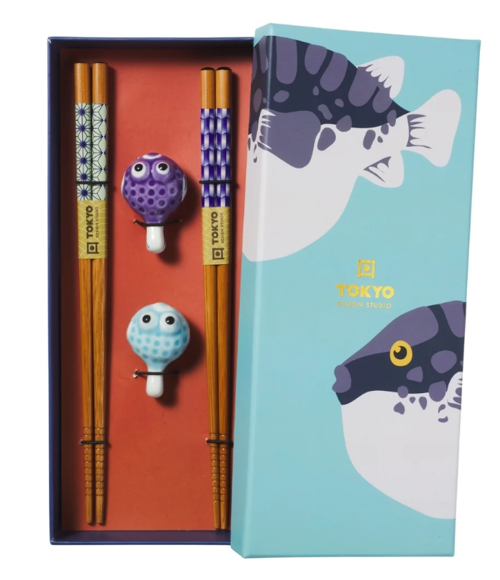 Tokyo Design Studio Blow Fish Chopsticks 4pc With Rest Gift Boxed