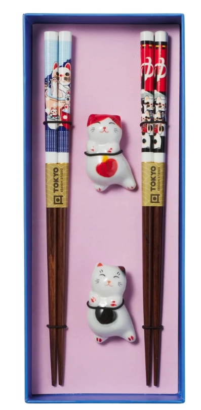 Tokyo Design Studio Neko Cat Chopsticks 4pc With Rest Gift Boxed