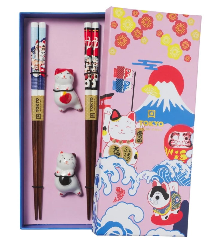 Tokyo Design Studio Neko Cat Chopsticks 4pc With Rest Gift Boxed