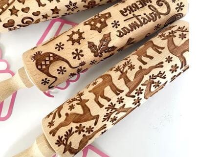 Cake Craft - Deers & Hollies Wooden Rolling Pin Decorating Accessories The Cooks Kitchen 