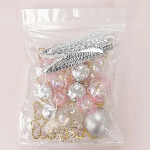 Cake Craft 27pc Set - Clear, Pink & Silver - Deco Balls, Fans & Butterflies