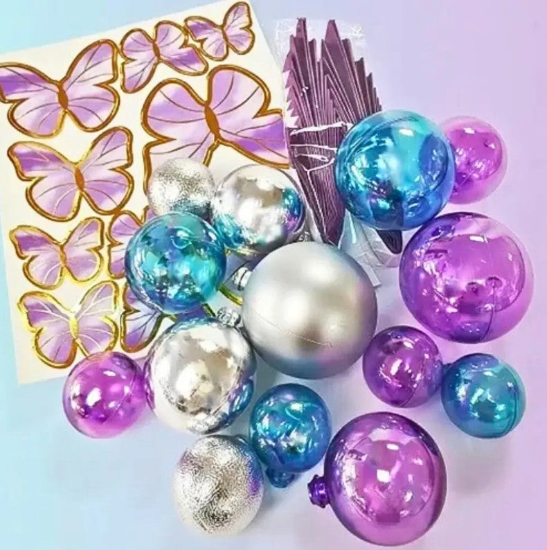 Cake Craft 27pc Set - Blue, Purple & Silver  - Deco Balls,fans & Butterflies