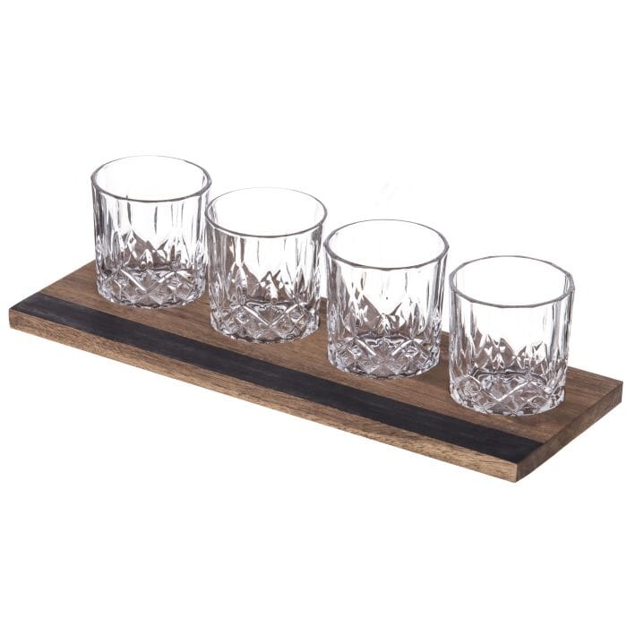 Davis & Waddell Fine Foods Whisky Flight 5pc Set Clear & Natural, Tumbler 240ml, Tray 37x13x1cm Glassware The Cooks Kitchen 