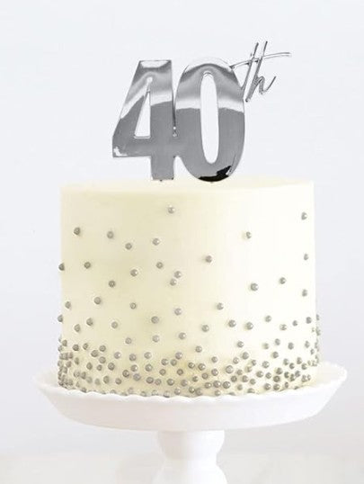 Cake & Candle Metal Cake Topper Silver 40th