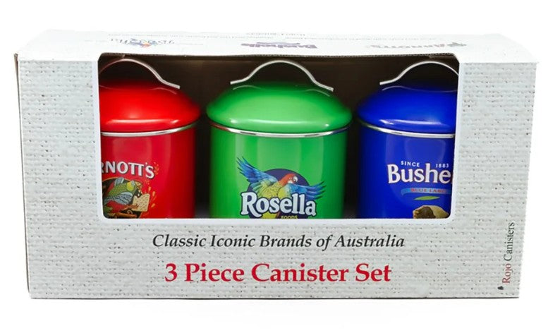 Arnott’s, Bushells & Rosella Canisters Set Of 3 - Red, Blue & Green