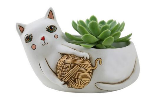 Rikaro - White Cat With Yarn Planter